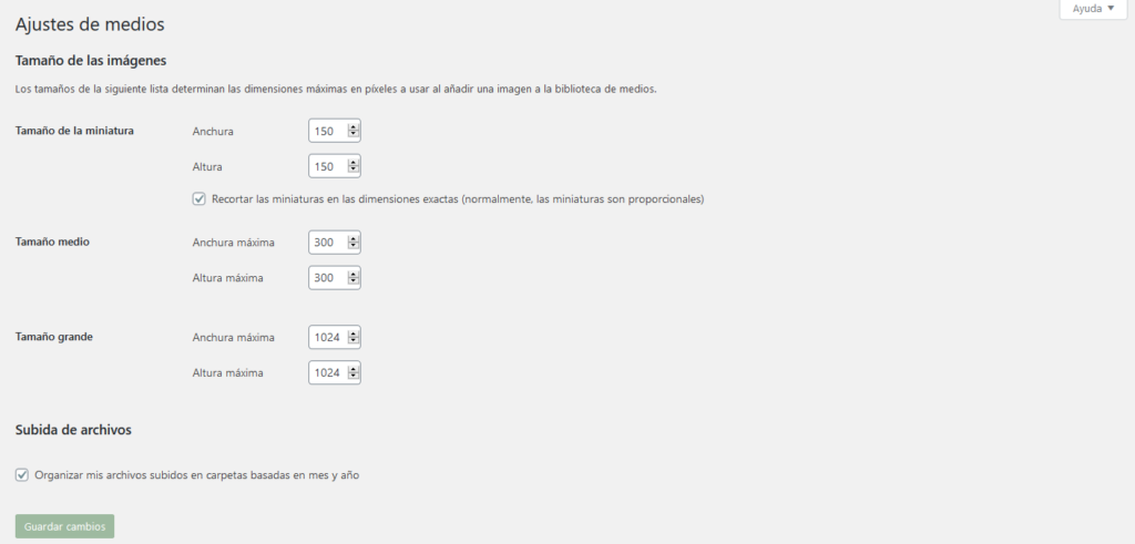 ajustes de medios en wordpress