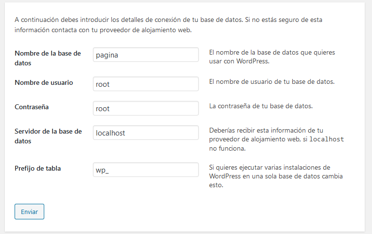 datos de conexion wordpress