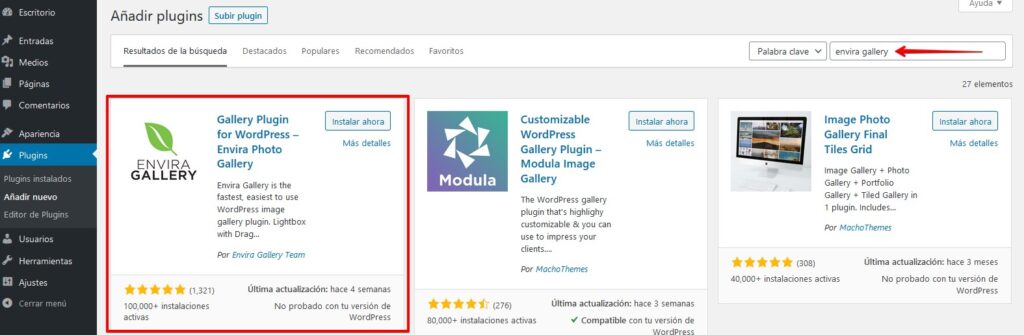 instalando el plugin envira gallery wordpress