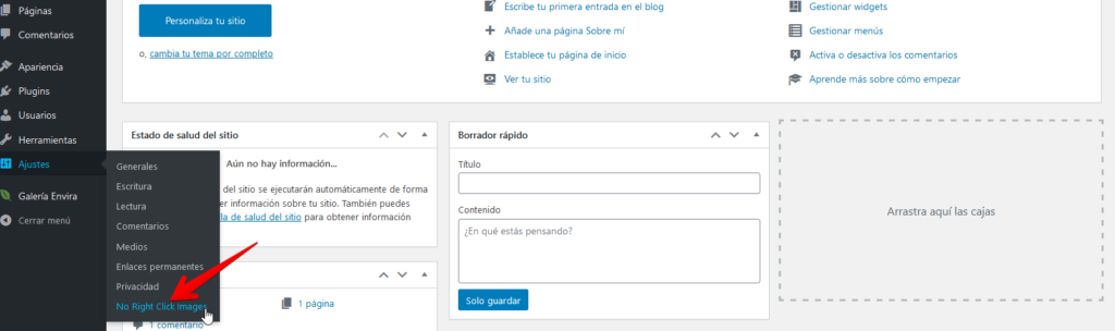 configurando No Right Click Images Plugin