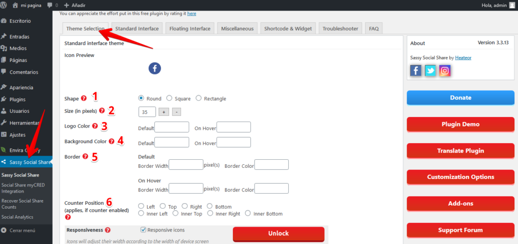 configurando sassy social share