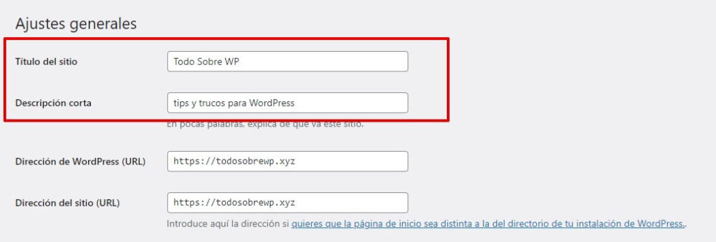 titulo del sitio wordpress